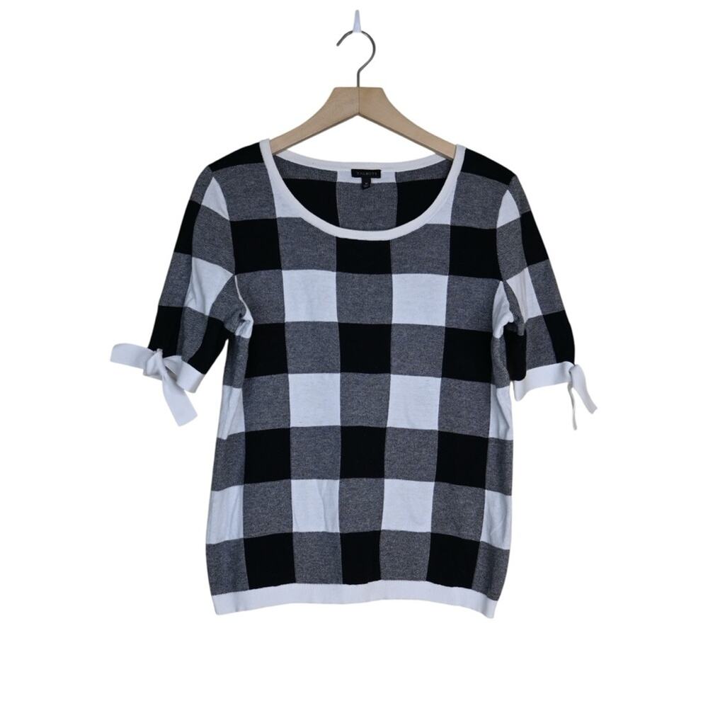 Talbots Womens M Black White Buffalo Plaid Short Sleeve Bow Sweater